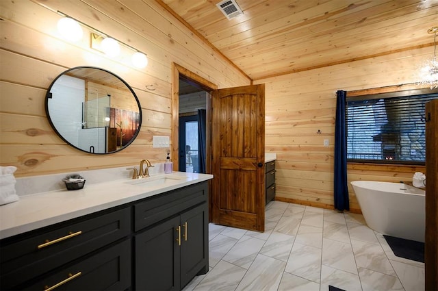 bathroom with vanity, a bath, wood ceiling, and wood walls