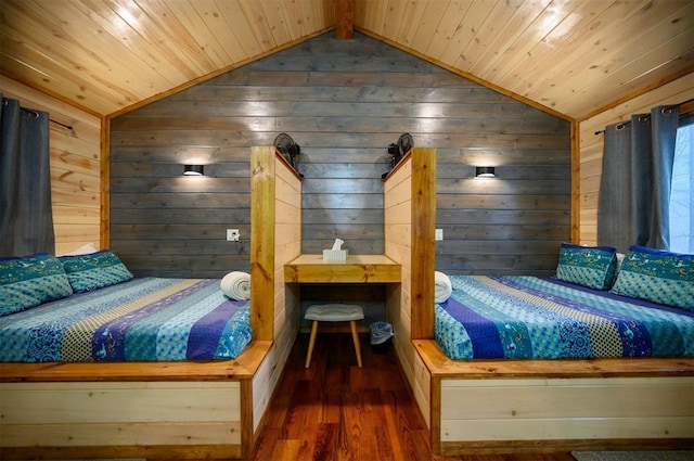 bedroom with dark wood-type flooring, wooden walls, vaulted ceiling, and wooden ceiling