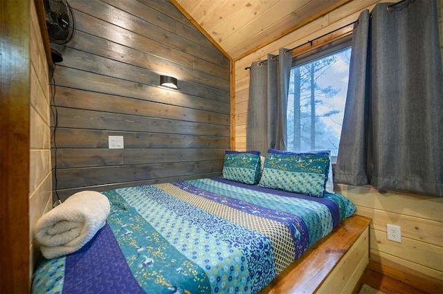 bedroom featuring wooden walls, vaulted ceiling, and wooden ceiling