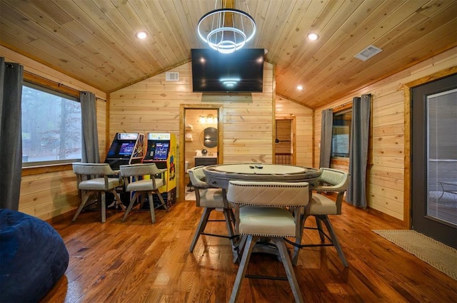 rec room with hardwood / wood-style flooring, lofted ceiling, and wood ceiling