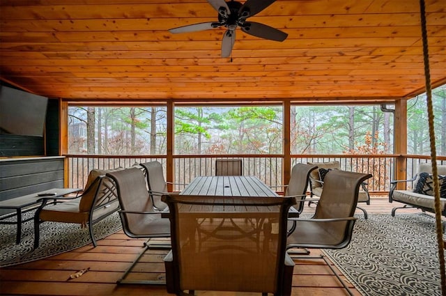 sunroom featuring ceiling fan, a healthy amount of sunlight, and wood ceiling