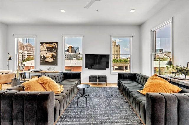 living area featuring plenty of natural light, ceiling fan, and wood finished floors