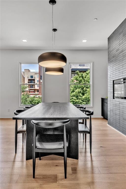 dining room with light wood finished floors and baseboards