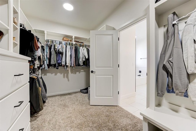 walk in closet featuring light colored carpet