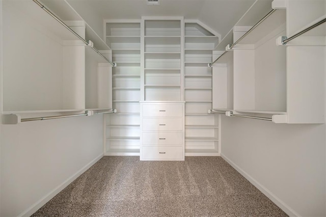 spacious closet with lofted ceiling and carpet floors