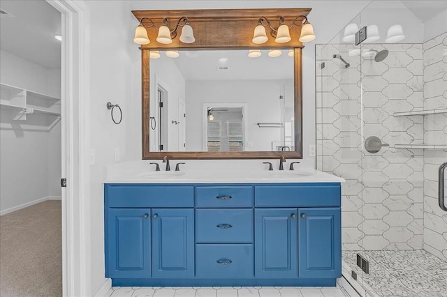 bathroom featuring vanity and a shower with shower door