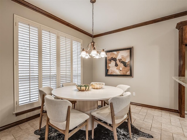 tiled dining space with a notable chandelier and ornamental molding