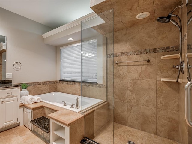 bathroom with vanity, shower with separate bathtub, and tile patterned flooring