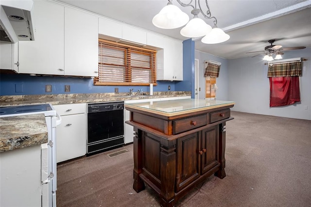 kitchen featuring dishwasher, white cabinetry, dark brown cabinets, a center island, and decorative light fixtures