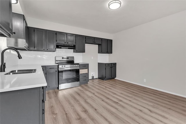 kitchen featuring gray cabinets, electric stove, tasteful backsplash, sink, and light hardwood / wood-style flooring