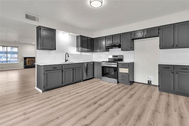 kitchen featuring tasteful backsplash, appliances with stainless steel finishes, sink, and light wood-type flooring