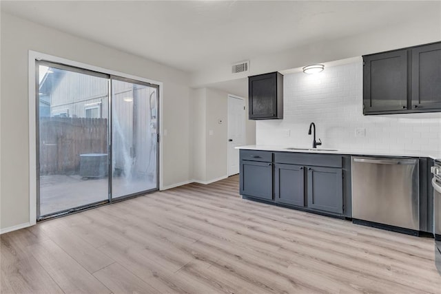 kitchen featuring tasteful backsplash, sink, stainless steel dishwasher, and light hardwood / wood-style floors