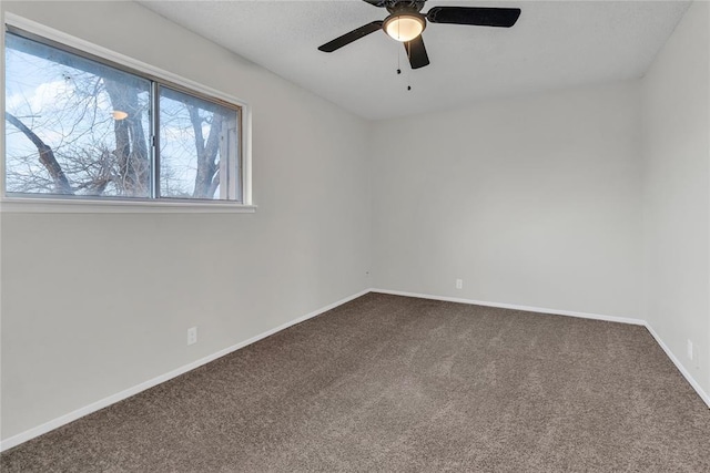 unfurnished room featuring ceiling fan and carpet