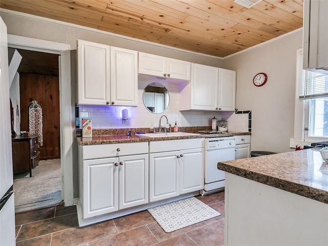 kitchen with white cabinetry, dishwasher, sink, and wooden ceiling