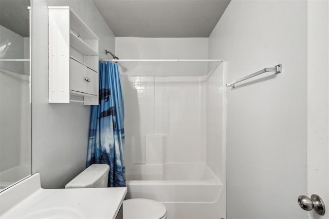 full bathroom with vanity, toilet, and shower / bath combo with shower curtain