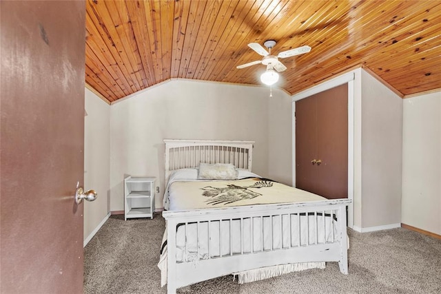 carpeted bedroom with lofted ceiling, wooden ceiling, and ceiling fan