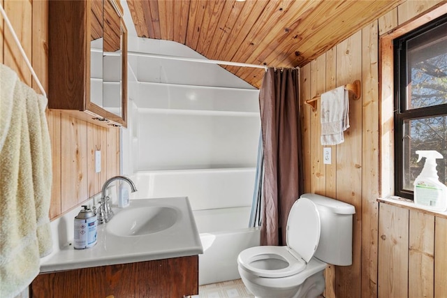 full bathroom featuring wooden walls, wooden ceiling, vanity, toilet, and shower / bathtub combination with curtain