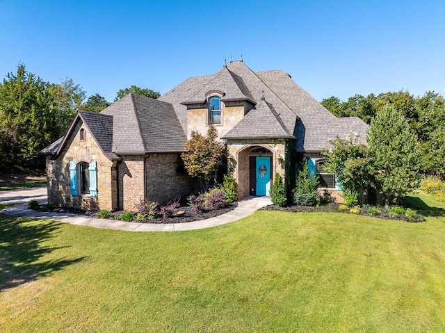 french provincial home with a front lawn