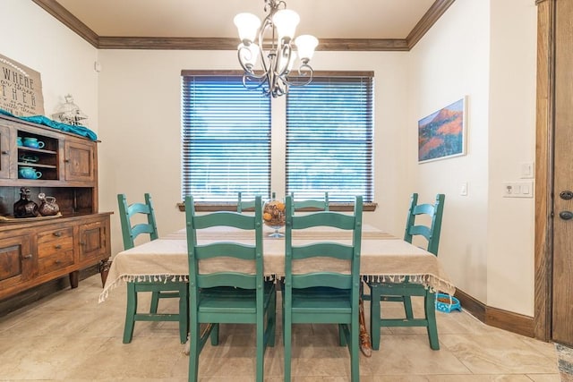 dining area featuring crown molding and a chandelier