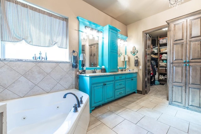 bathroom with vanity, separate shower and tub, and tile patterned floors