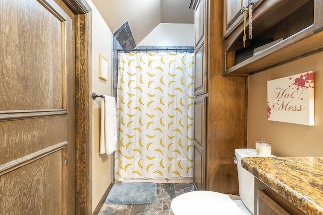 full bathroom featuring vanity, toilet, and shower / bathtub combination with curtain