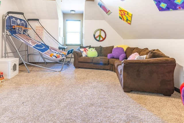 living room featuring lofted ceiling