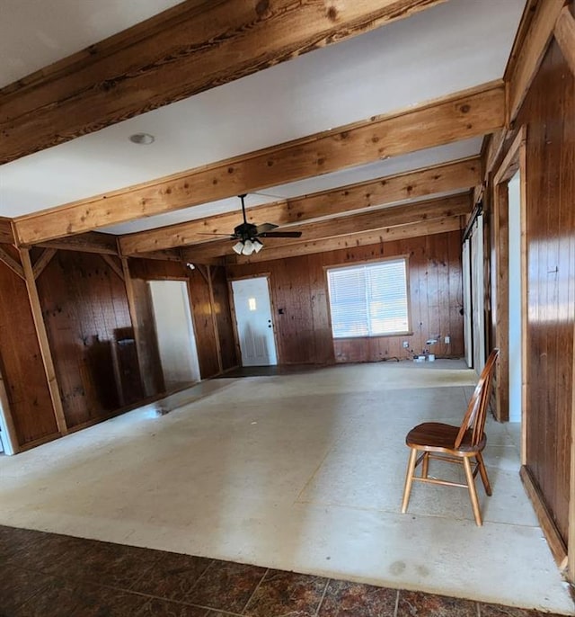 interior space with beam ceiling, ceiling fan, and wooden walls