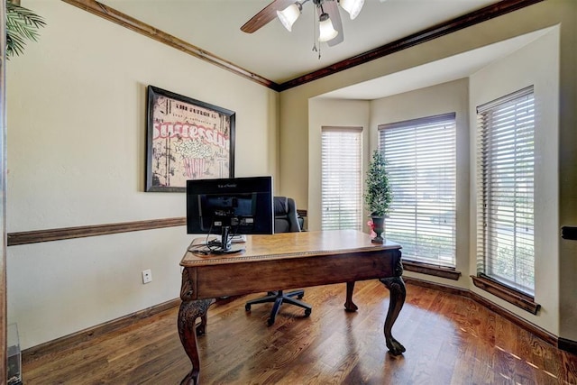 office featuring ornamental molding, hardwood / wood-style floors, and ceiling fan