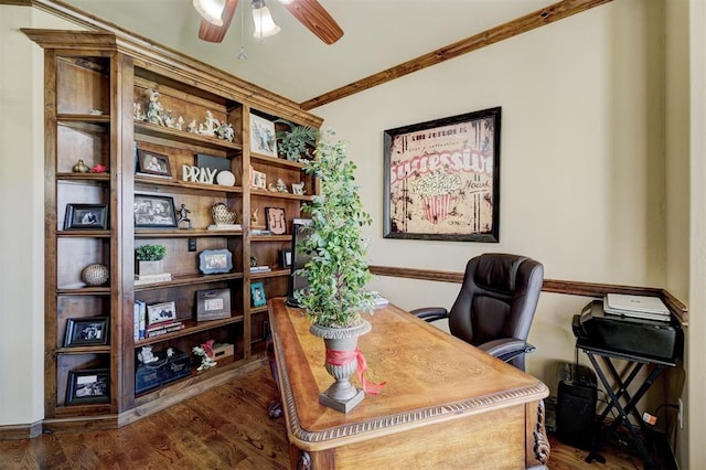 office space featuring ceiling fan, crown molding, and dark hardwood / wood-style flooring