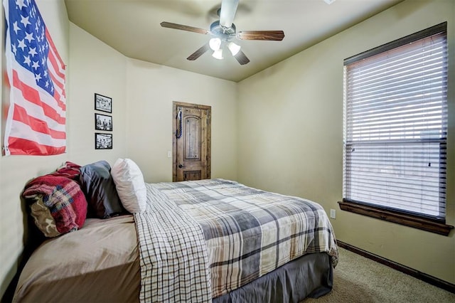 bedroom featuring carpet floors and ceiling fan