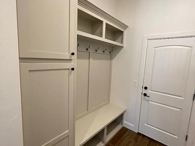 mudroom featuring dark wood-type flooring