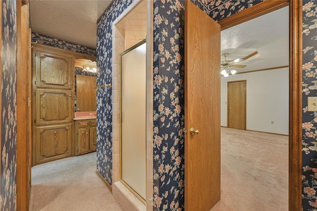 corridor featuring light carpet and a textured ceiling