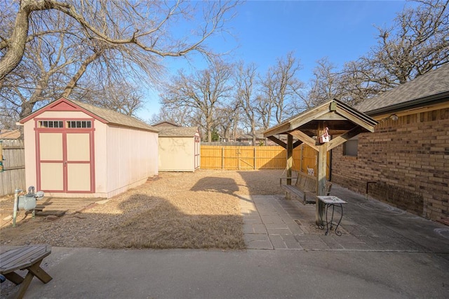 view of yard featuring a patio area and a storage unit