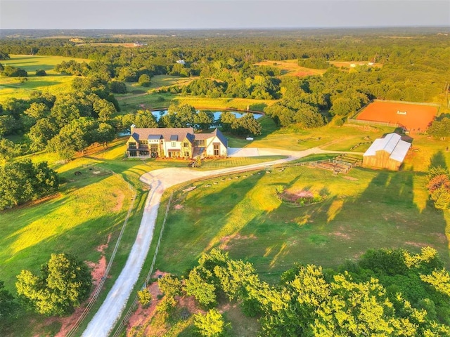 aerial view featuring a water view and a rural view