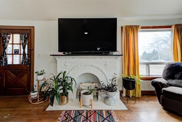 living room featuring wood-type flooring, a wealth of natural light, and a fireplace