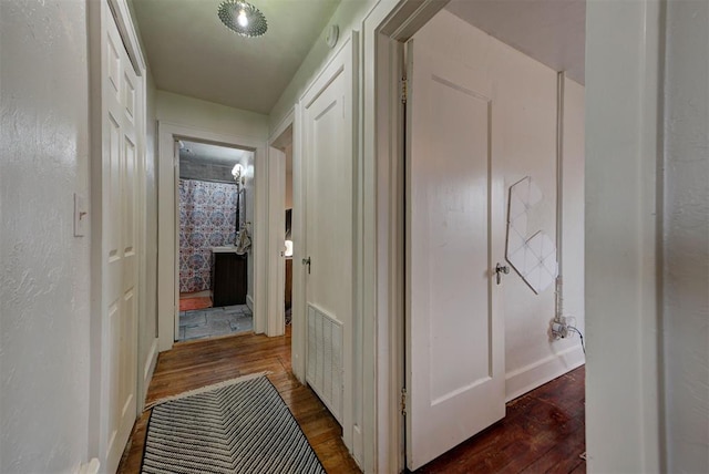 corridor featuring dark wood-type flooring and radiator heating unit