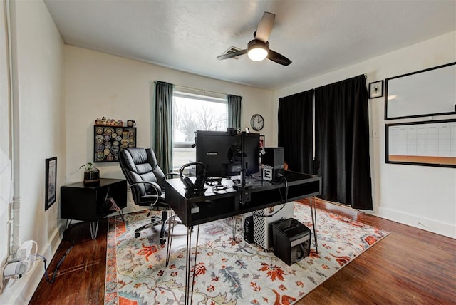 office space featuring ceiling fan and dark hardwood / wood-style floors