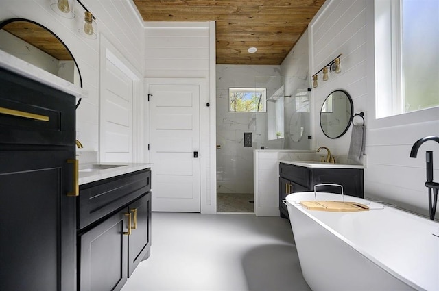 bathroom with independent shower and bath, vanity, and wood ceiling