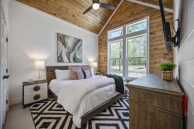 bedroom featuring lofted ceiling, wood ceiling, and wood walls