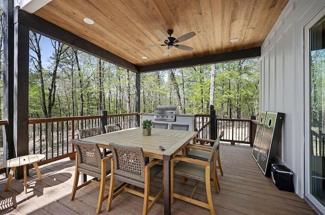 sunroom / solarium featuring ceiling fan and wooden ceiling