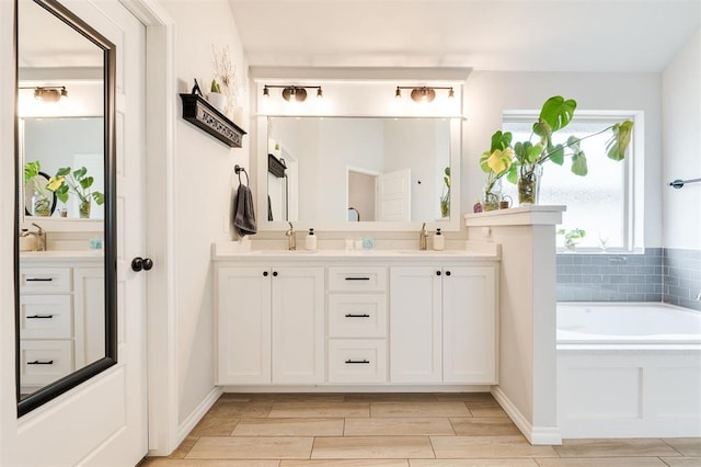 bathroom with vanity and a washtub