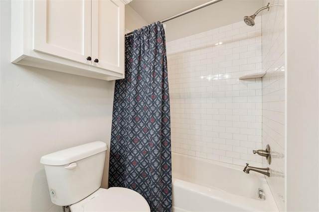 bathroom with shower / bathtub combination with curtain and toilet