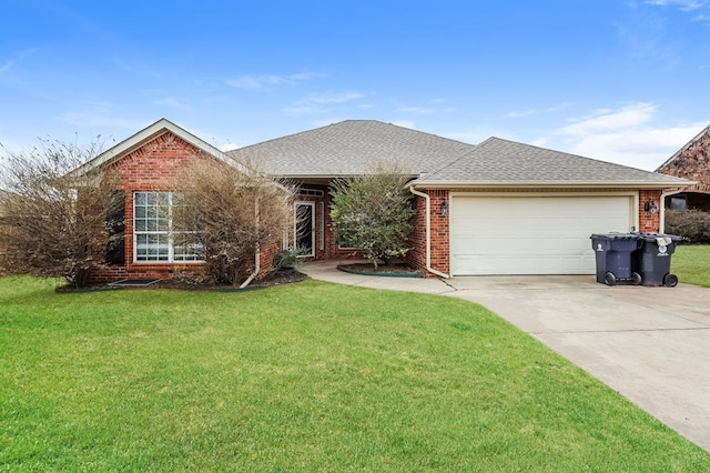 single story home featuring a garage, brick siding, a shingled roof, driveway, and a front yard