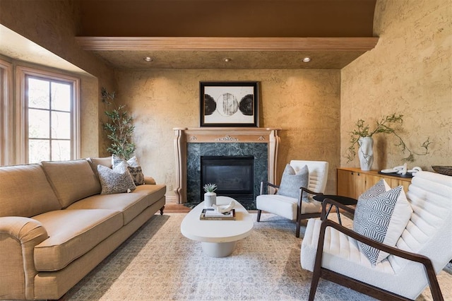 living room featuring a fireplace