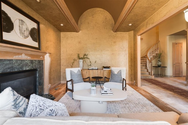 interior space with hardwood / wood-style floors and a fireplace