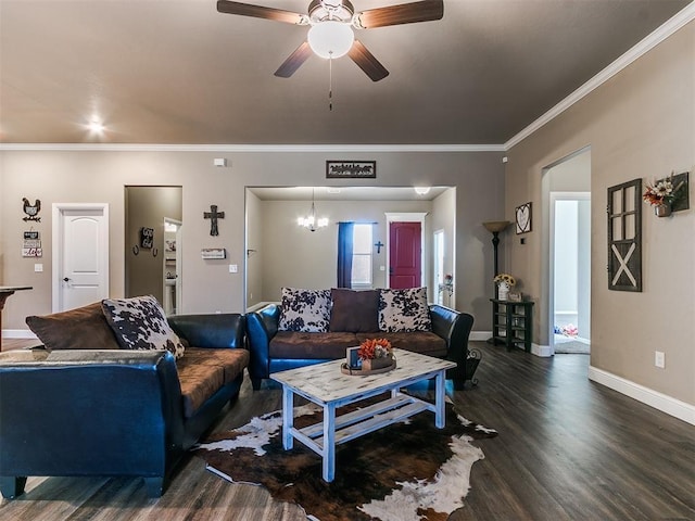 living room with ceiling fan, ornamental molding, and dark hardwood / wood-style flooring