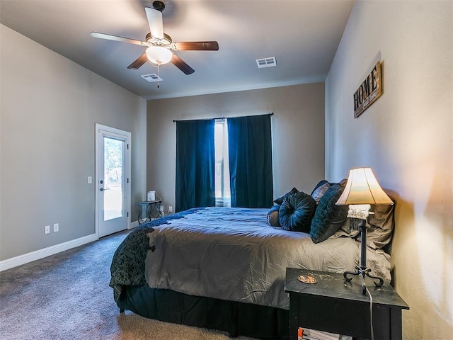 bedroom with access to outside, ceiling fan, and carpet flooring