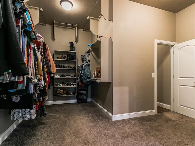 walk in closet with dark carpet