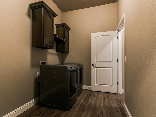 9015 Tall Oaks Dr, Guthrie, OK 73044 - laundry room featuring washing machine and clothes dryer, dark wood-type flooring, cabinet space, and baseboards