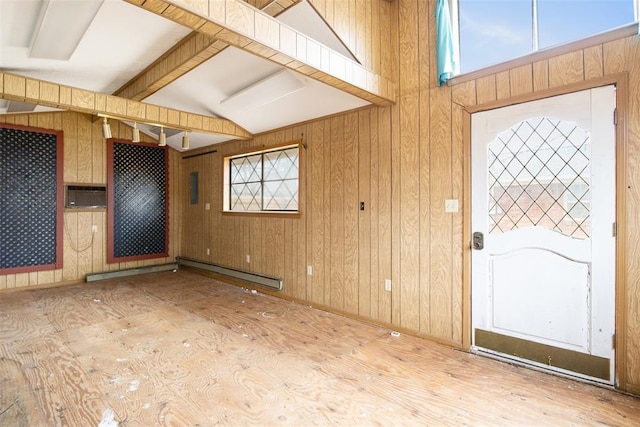 entrance foyer with vaulted ceiling with beams, wood walls, wood-type flooring, and a baseboard heating unit